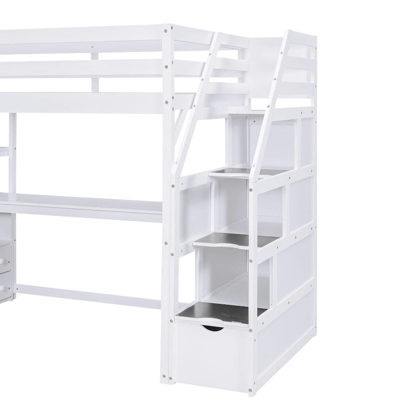 Cama alta de pino con escritorio y almacenamiento