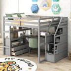 Cama alta de pino con escritorio y almacenamiento