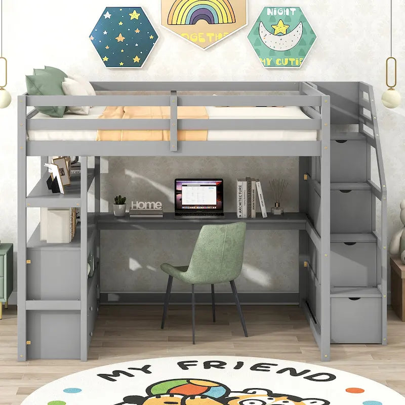 Cama alta de pino con escritorio y almacenamiento