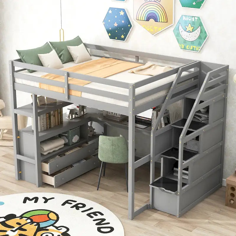 Cama alta de pino con escritorio y almacenamiento
