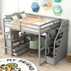 Cama alta de pino con escritorio y almacenamiento