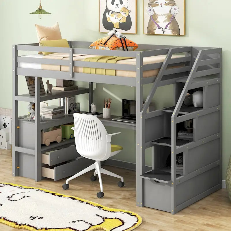 Cama alta de pino con escritorio y almacenamiento