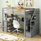 Cama alta de pino con escritorio y almacenamiento