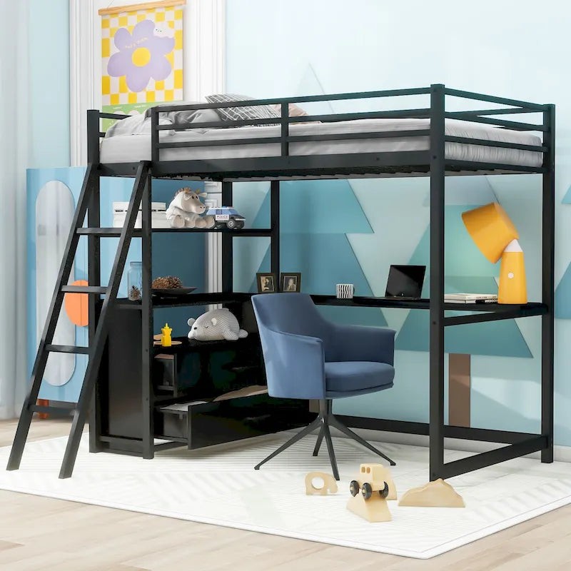 Cama alta moderna de metal y madera gemela