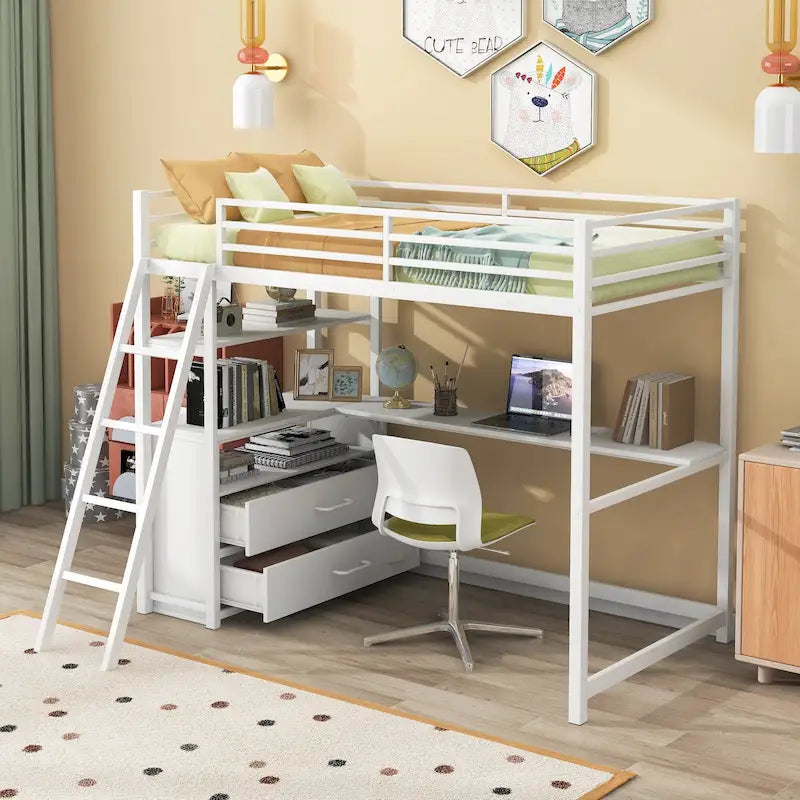 Cama alta moderna de metal y madera gemela