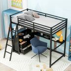 Cama alta moderna de metal y madera gemela