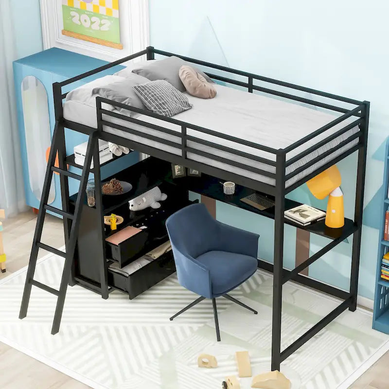 Cama alta moderna de metal y madera gemela