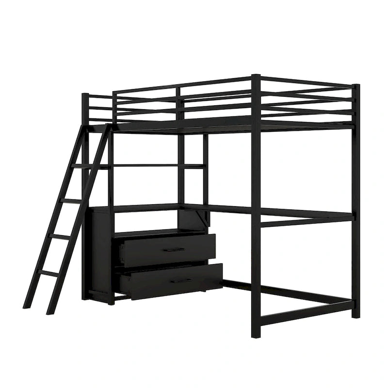 Cama alta moderna de metal y madera gemela