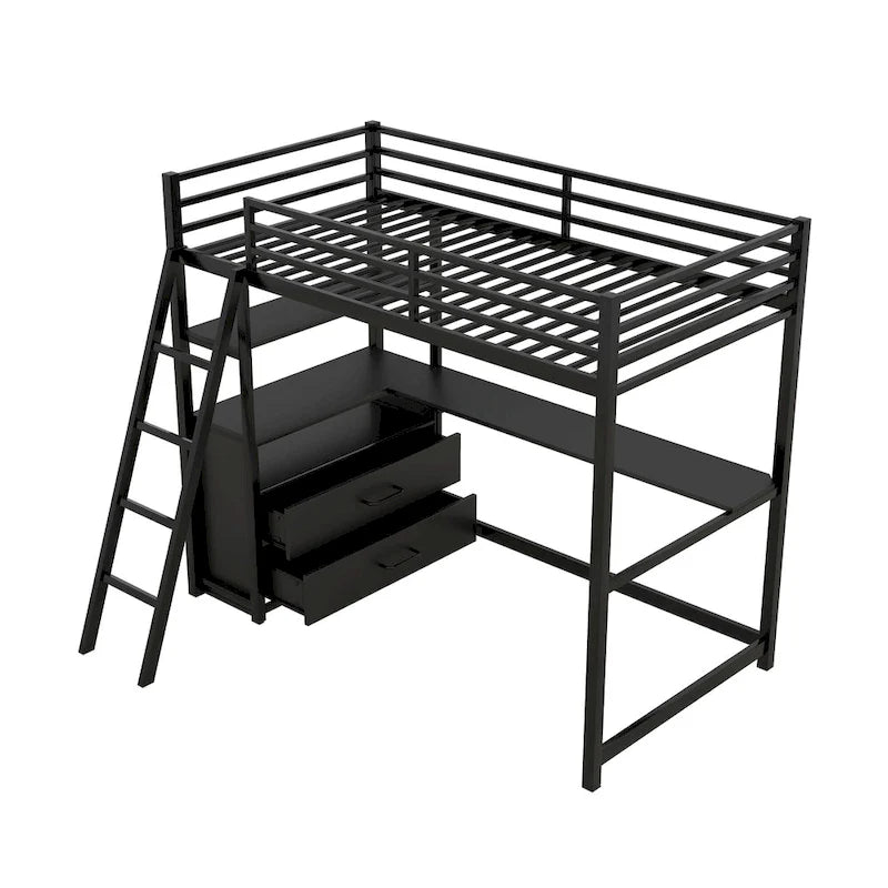 Cama alta moderna de metal y madera gemela