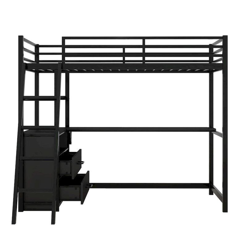 Cama alta moderna de metal y madera gemela