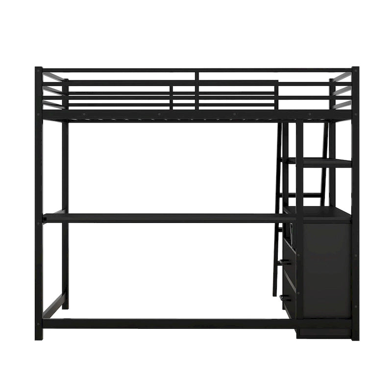Cama alta moderna de metal y madera gemela