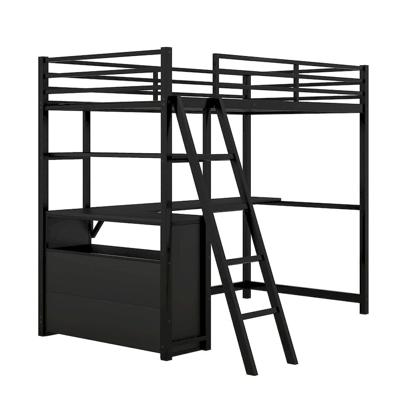 Cama alta moderna de metal y madera gemela