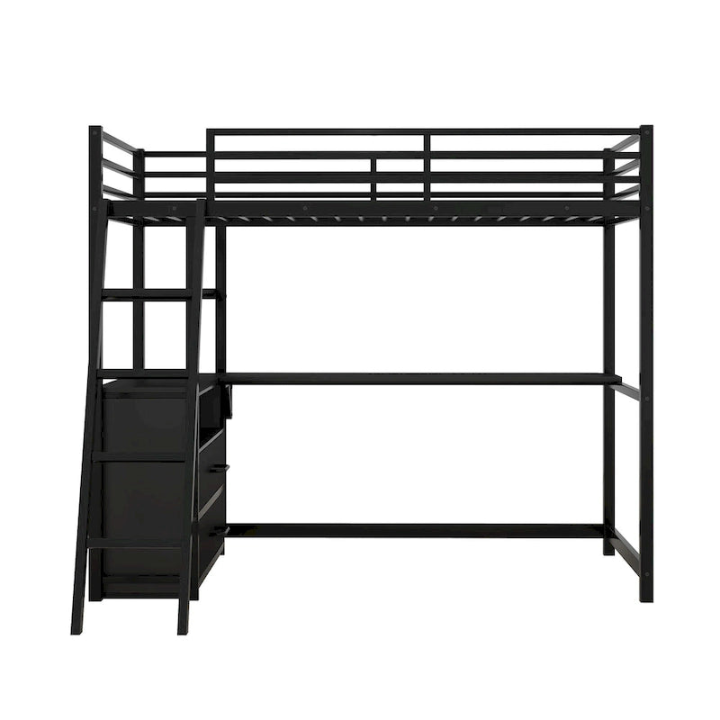Cama alta moderna de metal y madera gemela