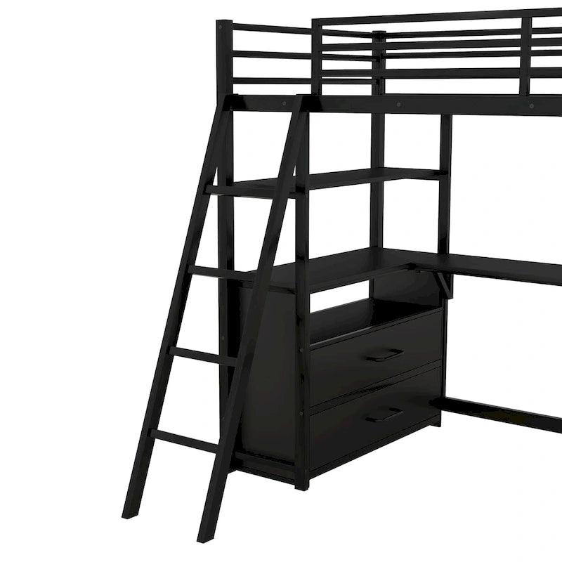 Cama alta moderna de metal y madera gemela