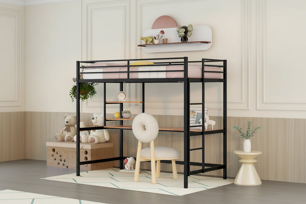 Cama alta individual de metal negra con escritorio, escalera y estante para niños