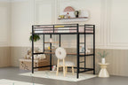 Cama alta individual de metal negra con escritorio, escalera y estante para niños