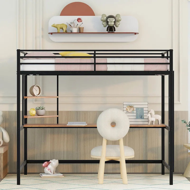 Cama alta individual de metal negra con escritorio, escalera y estante para niños