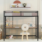 Cama alta individual de metal negra con escritorio, escalera y estante para niños