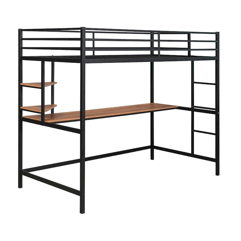 Cama alta individual de metal negra con escritorio, escalera y estante para niños