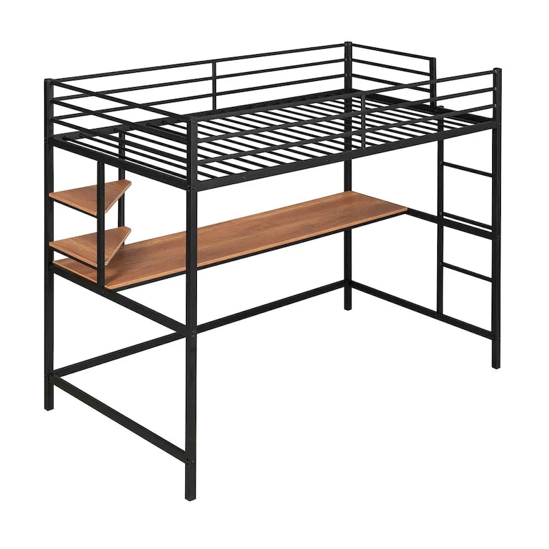 Cama alta individual de metal negra con escritorio, escalera y estante para niños