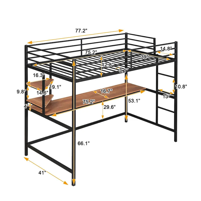 Cama alta individual de metal negra con escritorio, escalera y estante para niños