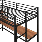 Cama alta individual de metal negra con escritorio, escalera y estante para niños