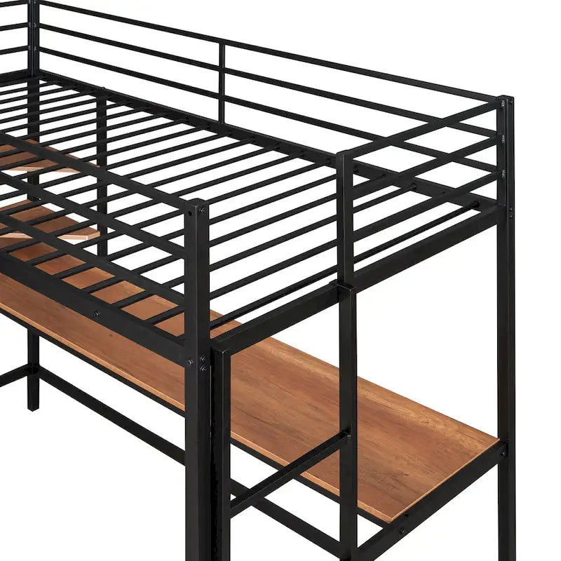 Cama alta individual de metal negra con escritorio, escalera y estante para niños