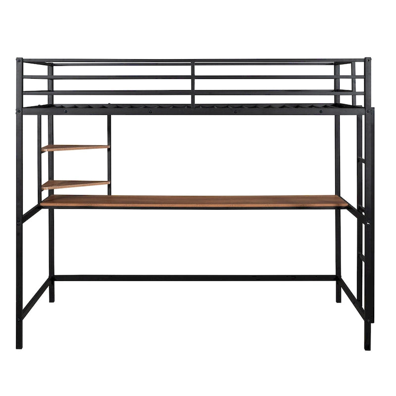 Cama alta individual de metal negra con escritorio, escalera y estante para niños