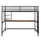Cama alta individual de metal negra con escritorio, escalera y estante para niños