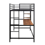 Cama alta individual de metal negra con escritorio, escalera y estante para niños