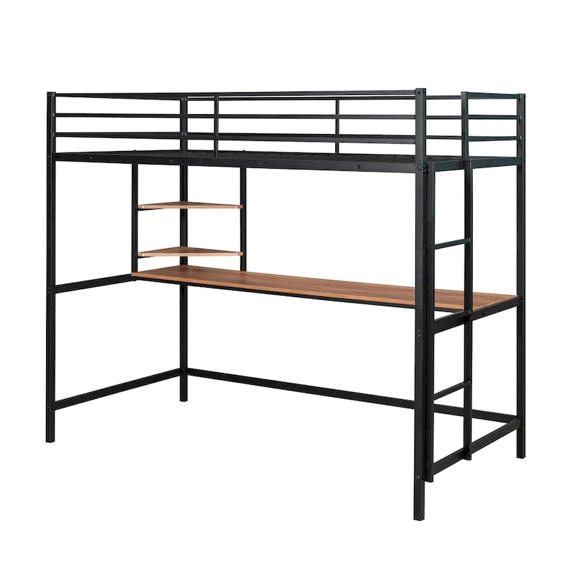 Cama alta individual de metal negra con escritorio, escalera y estante para niños