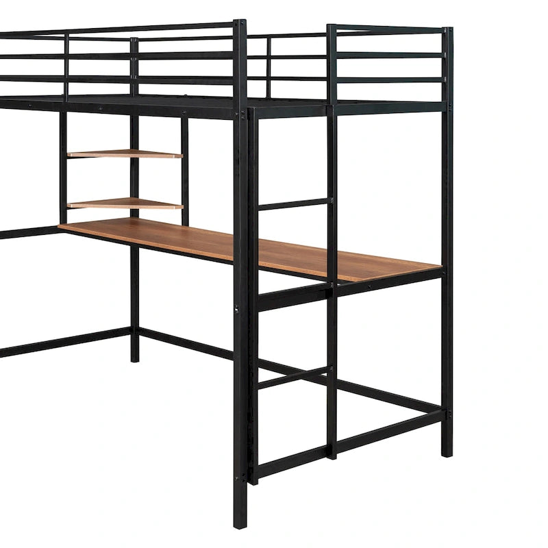 Cama alta individual de metal negra con escritorio, escalera y estante para niños