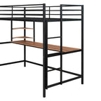 Cama alta individual de metal negra con escritorio, escalera y estante para niños