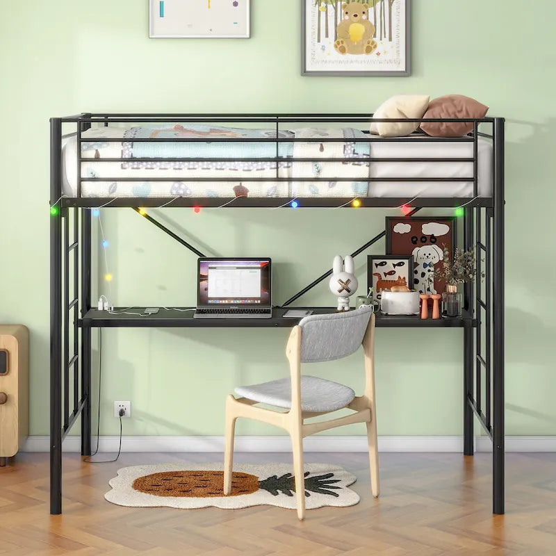 Cama alta doble metálica negra con escritorio y luz LED