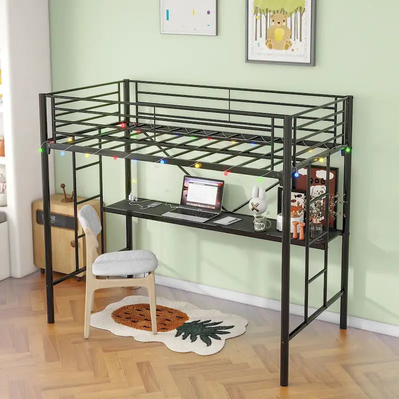 Cama alta doble metálica negra con escritorio y luz LED