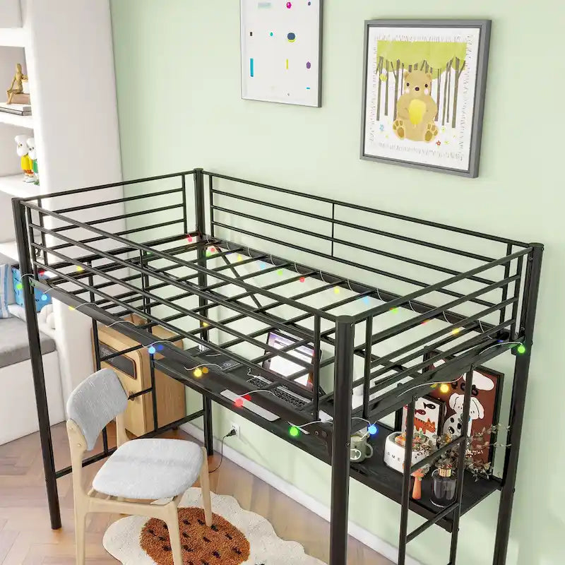 Cama alta doble metálica negra con escritorio y luz LED
