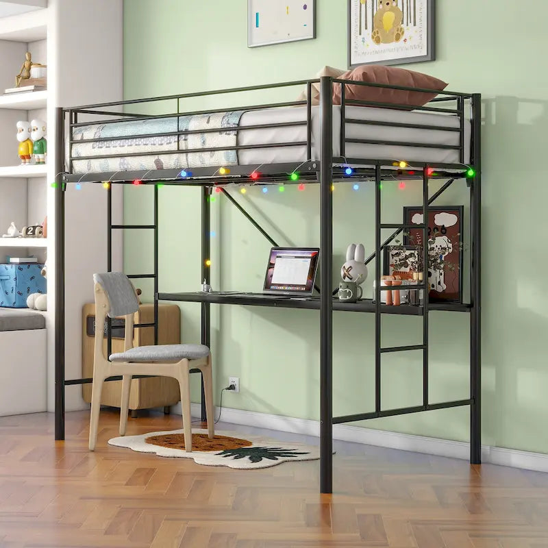 Cama alta doble metálica negra con escritorio y luz LED