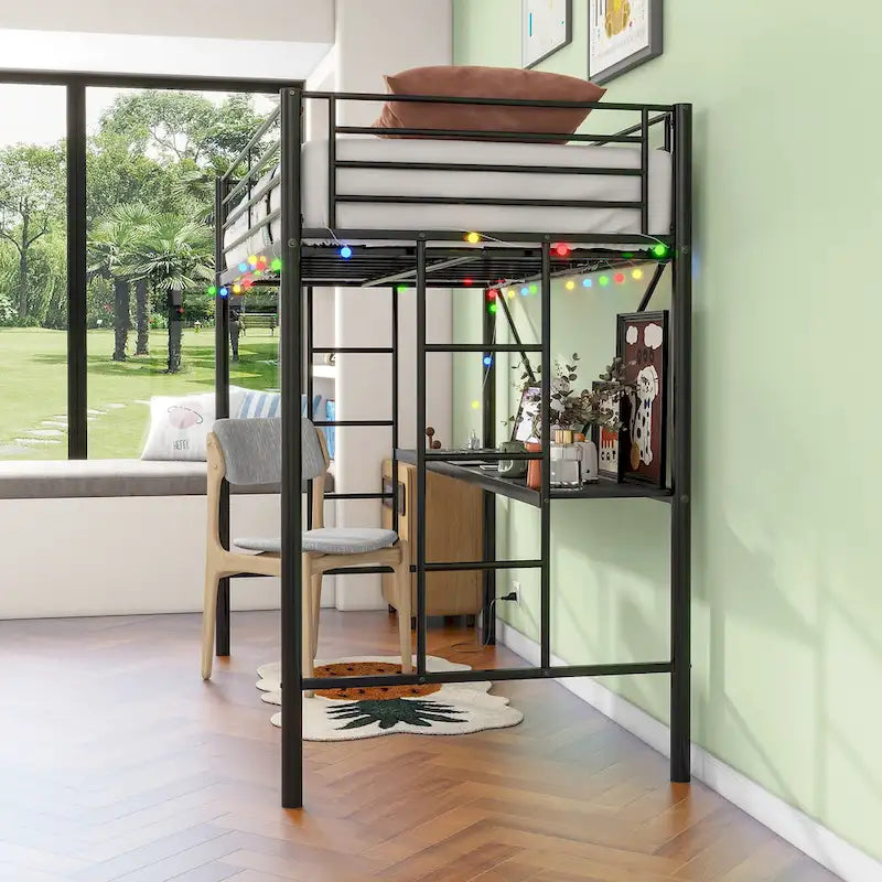 Cama alta doble metálica negra con escritorio y luz LED