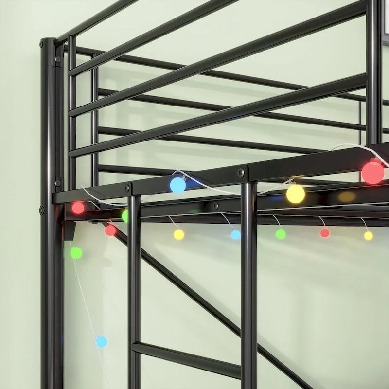 Cama alta doble metálica negra con escritorio y luz LED