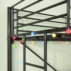 Cama alta doble metálica negra con escritorio y luz LED