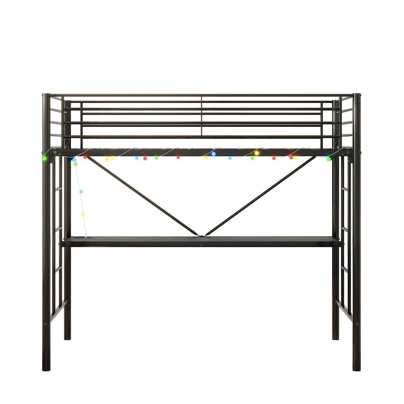 Cama alta doble metálica negra con escritorio y luz LED