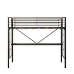 Cama alta doble metálica negra con escritorio y luz LED