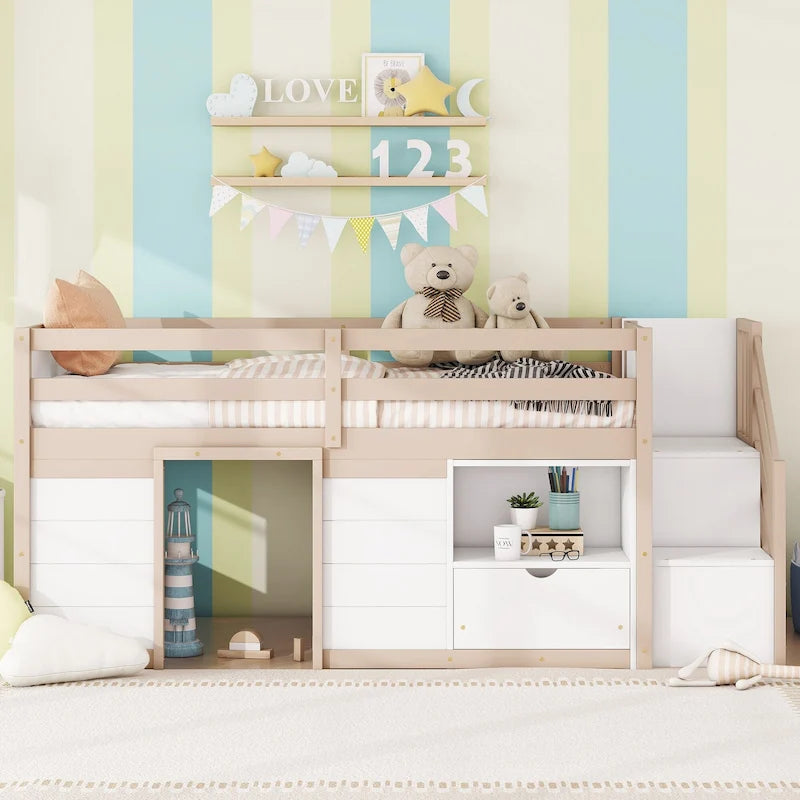 Cama baja tipo loft Twin Pine con escalera de almacenamiento, cajón y estante