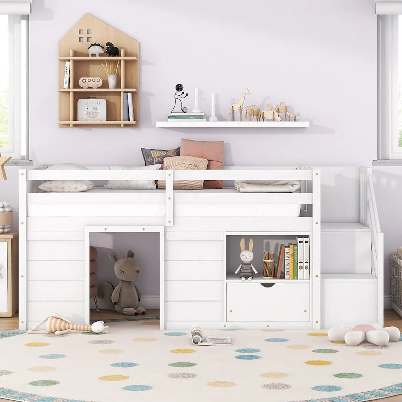 Cama baja tipo loft Twin Pine con escalera de almacenamiento, cajón y estante