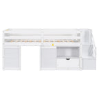 Cama baja tipo loft Twin Pine con escalera de almacenamiento, cajón y estante