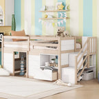 Cama baja tipo loft Twin Pine con escalera de almacenamiento, cajón y estante