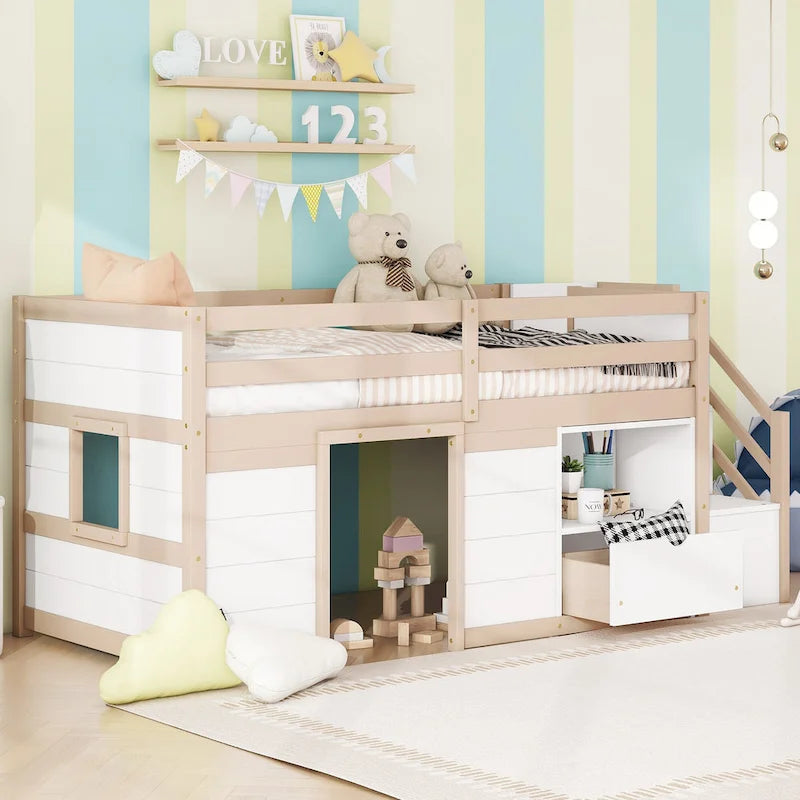 Cama baja tipo loft Twin Pine con escalera de almacenamiento, cajón y estante