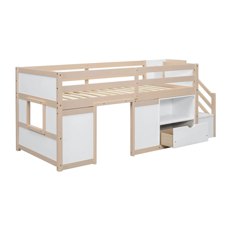 Cama baja tipo loft Twin Pine con escalera de almacenamiento, cajón y estante