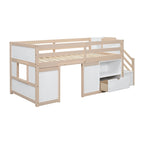 Cama baja tipo loft Twin Pine con escalera de almacenamiento, cajón y estante