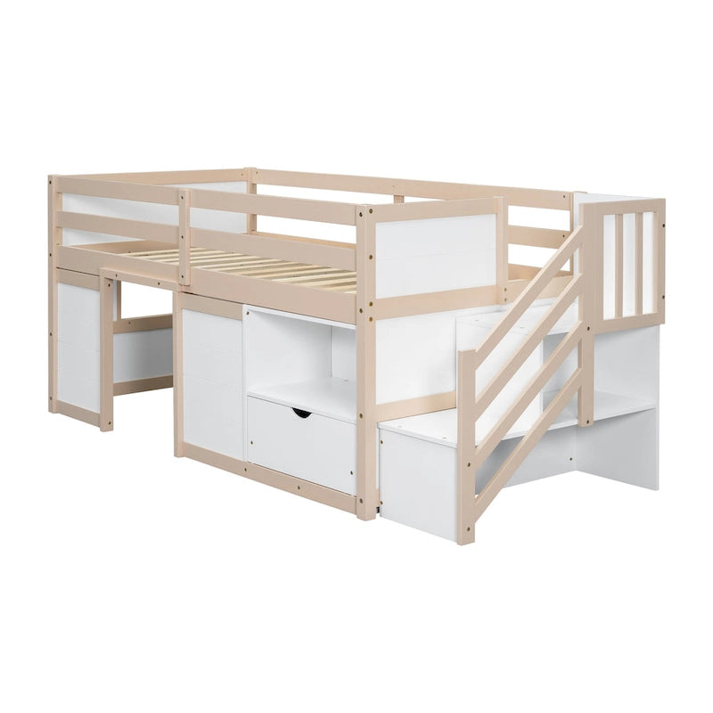 Cama baja tipo loft Twin Pine con escalera de almacenamiento, cajón y estante